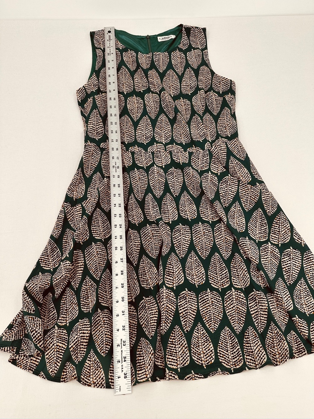 Forest Green Graphic Leaf Print Fit & Flare Dress Retro Mod Botanical M - Picture 10 of 12